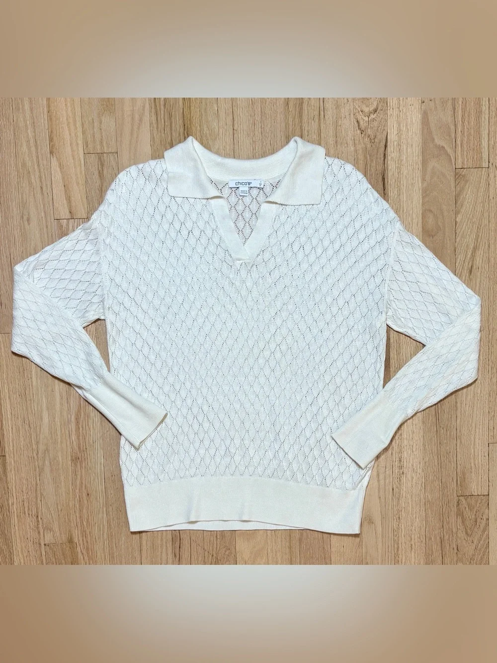 Chico’s White Pointelle Collared V-Neck Pullover Sweater Size 1 Medium M